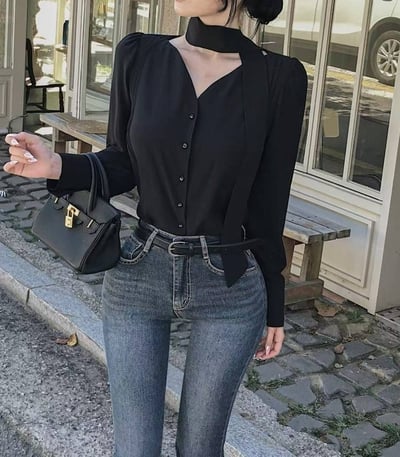 桃心領排釦雪紡衫（附綁帶）2