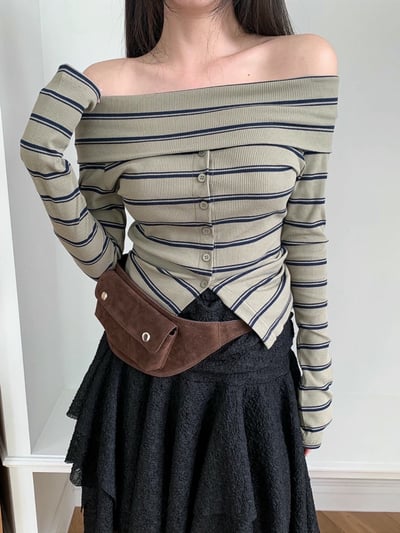 反折平領排釦下開衩橫條紋針織衫6