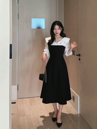 翻領層次拼接傘擺長洋12