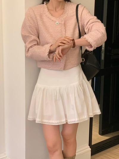 薄款花呢抽鬚短版珍珠釦小香外套2