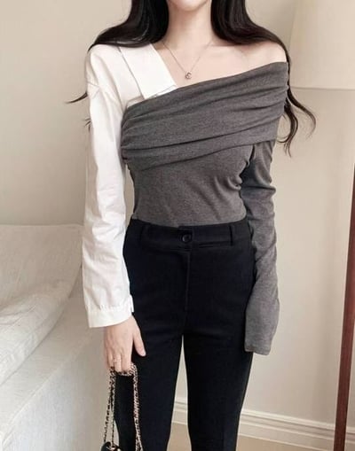 (客訂勿下單）不規則單斜肩拼接襯料上衣6