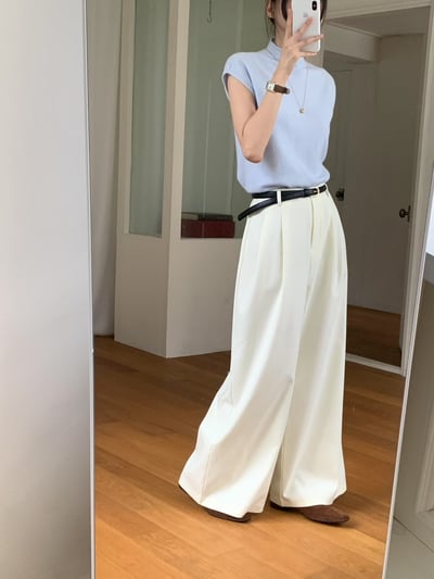 後鬆緊前壓褶秋冬厚款寬褲（附皮帶)9