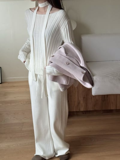 大圓領落肩坑紋針織衣（附綁帶)4