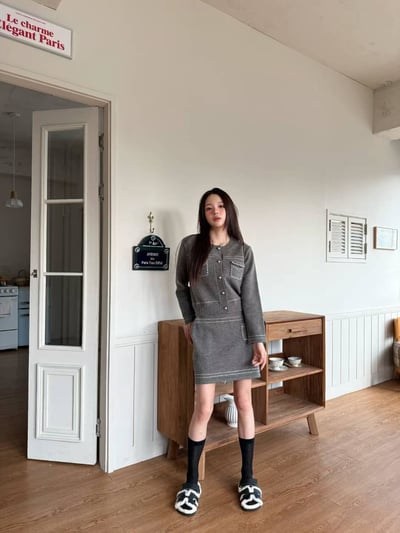 車線銀扣針織上衣+短裙SET5