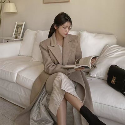 氣質翻領長版大衣外套8