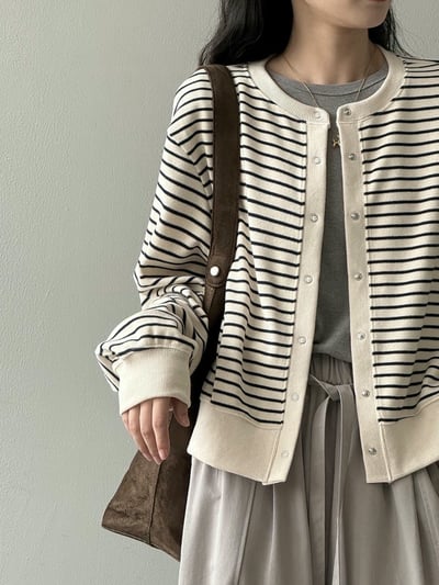 圓領橫條紋排釦棒球外套6