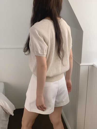 肩綁帶小公主袖針織短T5