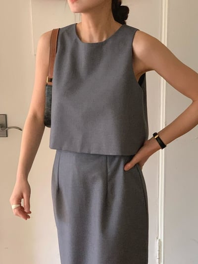 後開岔綁帶背心+鬆緊腰長裙SET (可拆買2