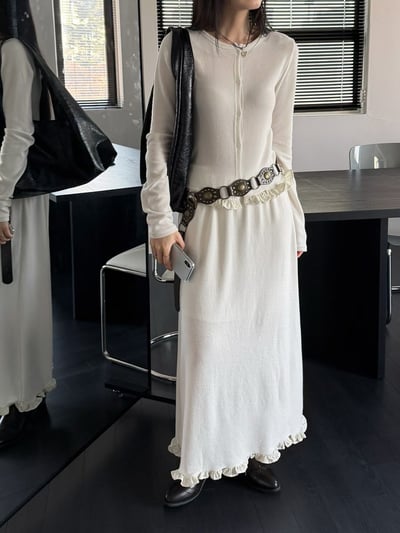 荷葉滾邊排釦針織衫＋鬆緊針織長裙SET2