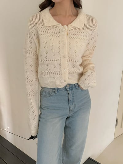 花邊翻領鏤空排釦針織衫2