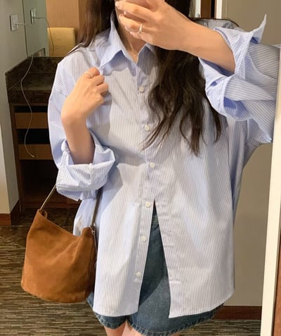 落肩百搭直紋襯衫3