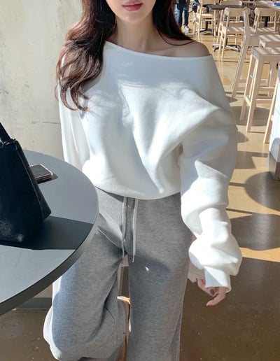 斜肩內抓絨素色大學Ｔ10