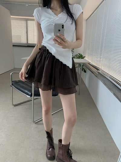 拼接蕾絲交錯Ｖ領開衩棉Ｔ2
