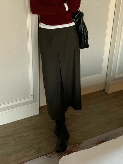 前打褶開衩造型磨毛長裙3