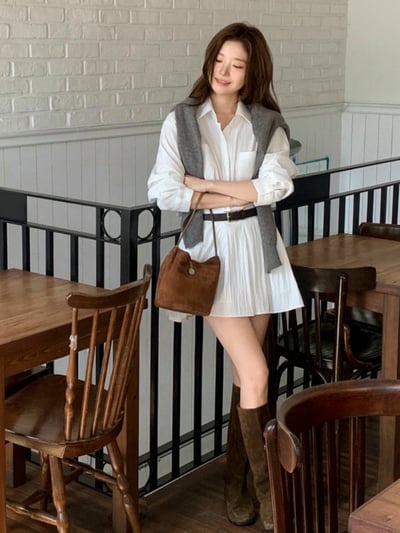 拼接百摺襯衫短洋 (附皮帶)8