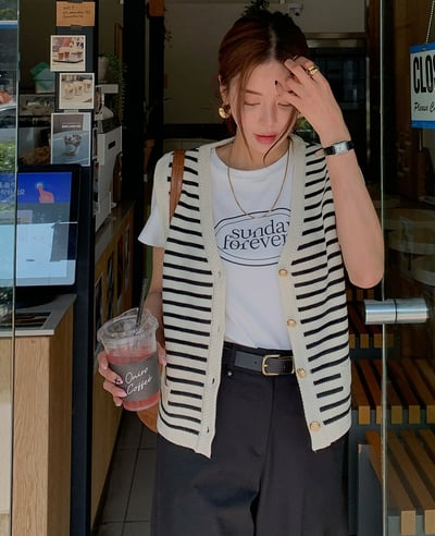 橫條紋金釦針織背心3