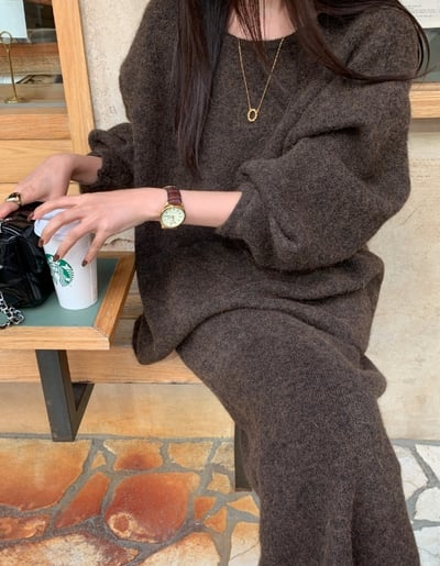 兩面穿排釦針織外套＋鬆緊長裙SET2