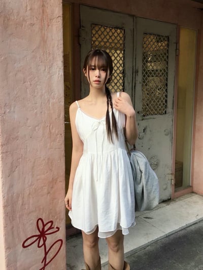 前綁結拼接蕾絲滾邊細肩小短洋1