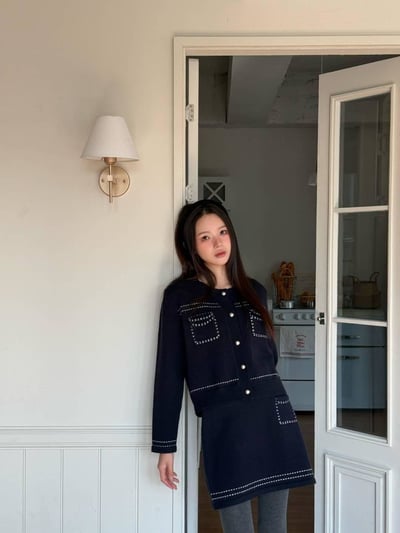 車線銀扣針織上衣+短裙SET9