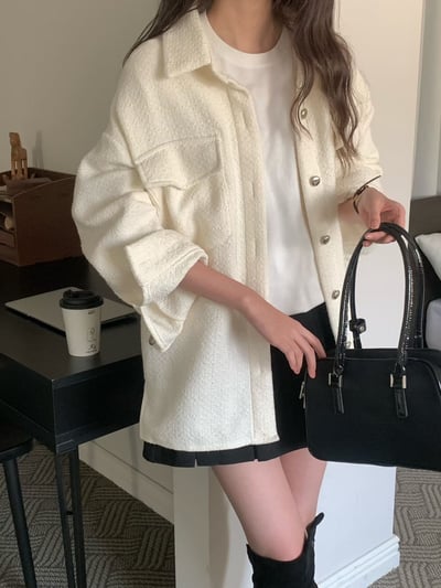 織紋銀釦雙口袋毛呢襯衫2