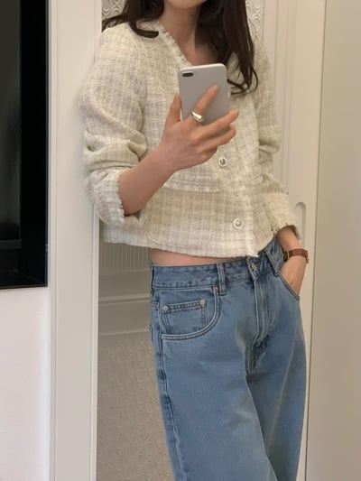 薄款花呢抽鬚短版珍珠釦小香外套8