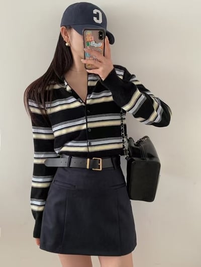 復古配色條紋排扣針織衫2