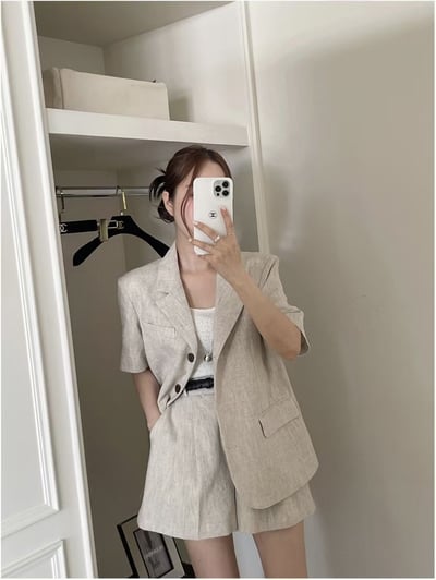 清爽棉麻西裝外套＋後鬆緊高腰Ａ字短褲SET8