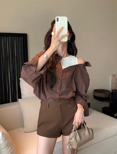 單邊露肩背心造型假兩件襯衫2