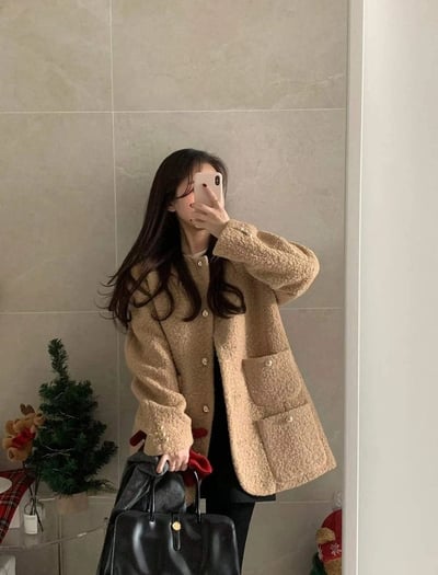 泰迪熊羔毛雙口袋金釦長版外套5