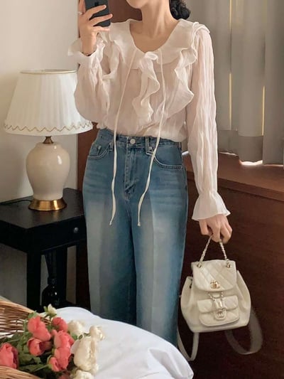 波浪滾邊綁結雪紡衫2