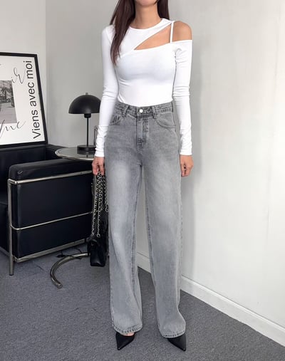 霧灰刷色高腰微寬直筒褲2
