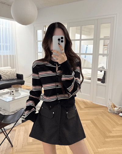 新款秋冬配色橫條紋針織外套6