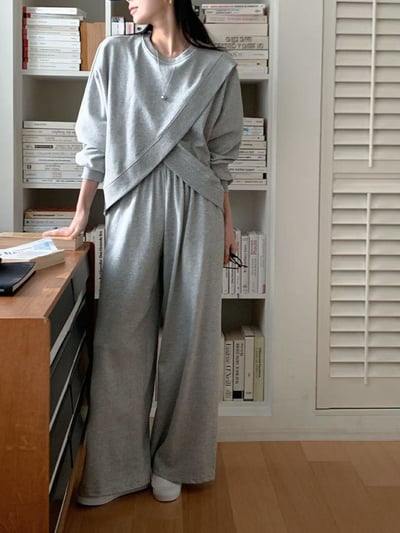 交叉下擺大學Ｔ＋鬆緊棉寬褲SET4