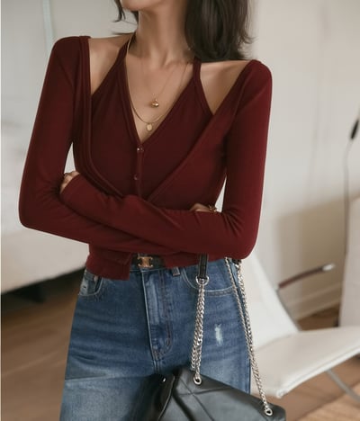 假兩件掛脖鏤空排釦薄Ｔ2