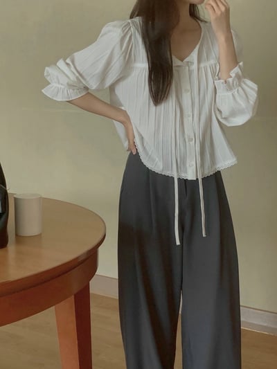 綁結領喇叭袖壓摺排釦襯衫4