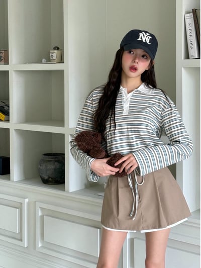 撞色蕾絲polo領配色條紋Ｔ2