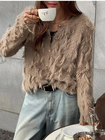 金釦羽毛流造型毛外套1