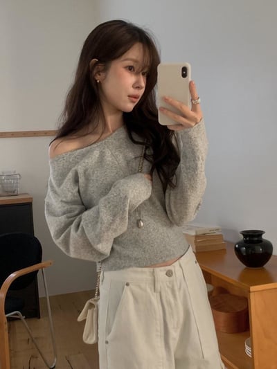 可拉斜肩針織上衣2