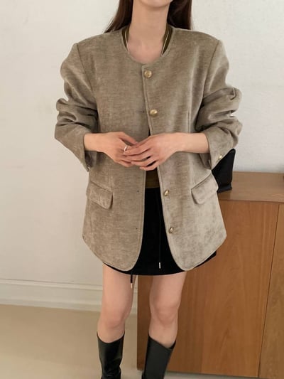 圓領絲絨金釦長版鋪棉外套1