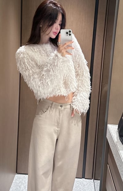 中高腰米色磨毛微寬褲4