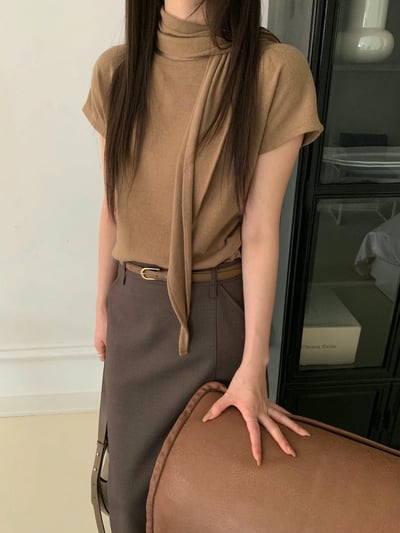 素色短袖薄款羊毛衣（附綁巾）2