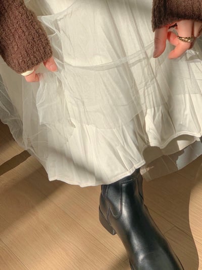 兩面穿！壓紋絨面料拼接網紗長裙8