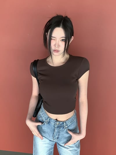 圓領挖背後一字扣帶BRA 彈力T14