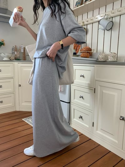 內磨毛可斜肩Ｔ+鬆緊落地磨毛長裙SET(可拆買）1