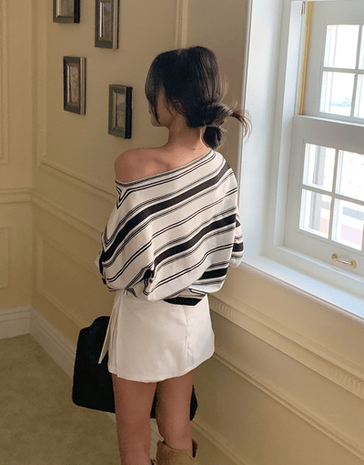 斜肩粗細薄款棉質長袖Ｔ4