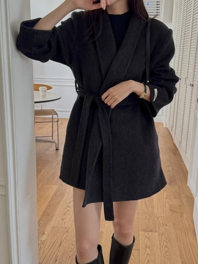 混羊中長款毛手工大衣（附綁帶）1