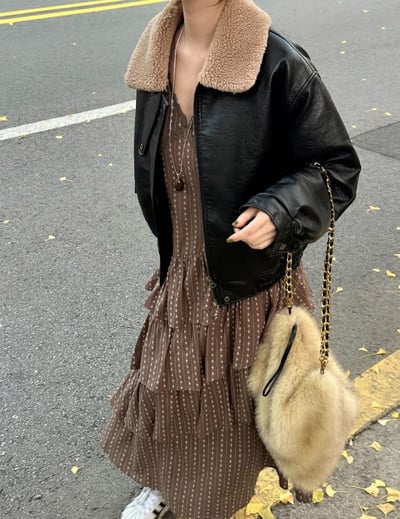 蕾絲V領小花刺繡斜邊層次蛋糕長洋8