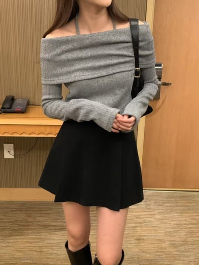 繞頸綁結反摺領薄款針織衣5