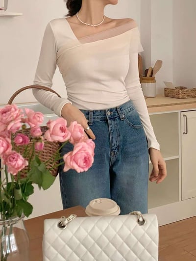 斜肩拼接網紗彈力薄針織衣2