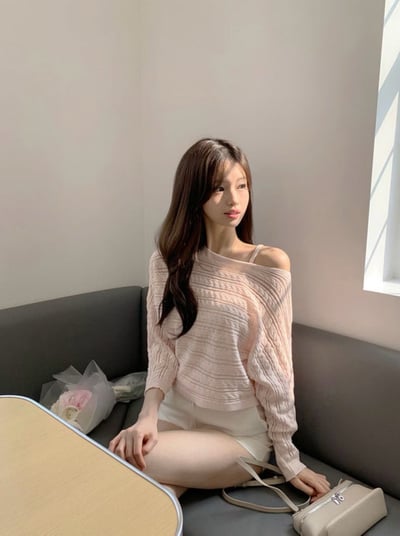 鏤空橫紋麻花斜肩針織衫＋小背心SET3